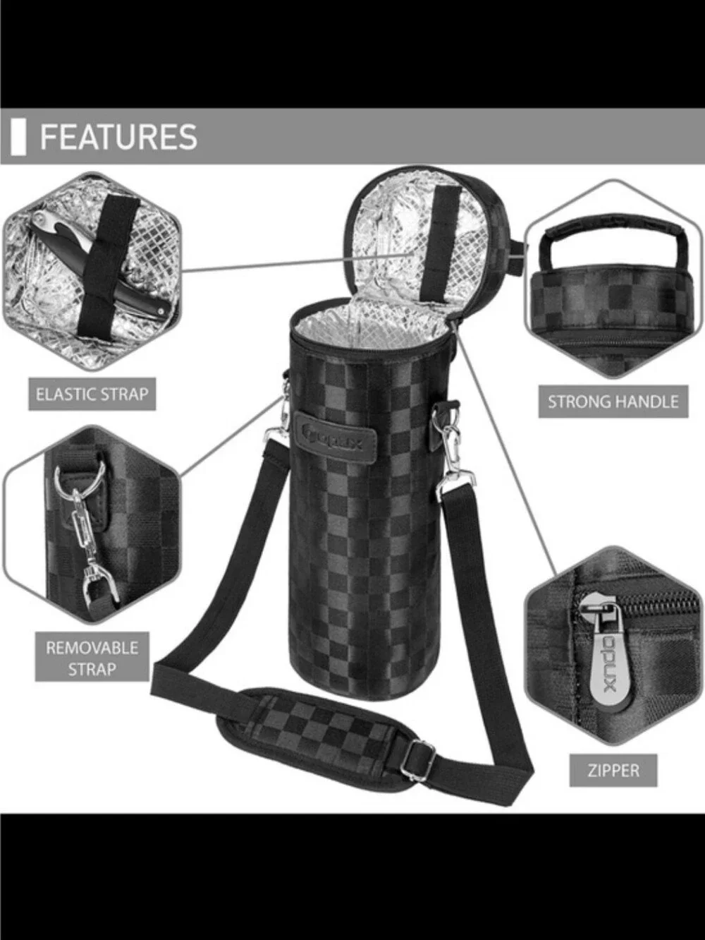OPUX Checkered Black Insulated Wine Bottle Carrier Bag Adjustable Strap